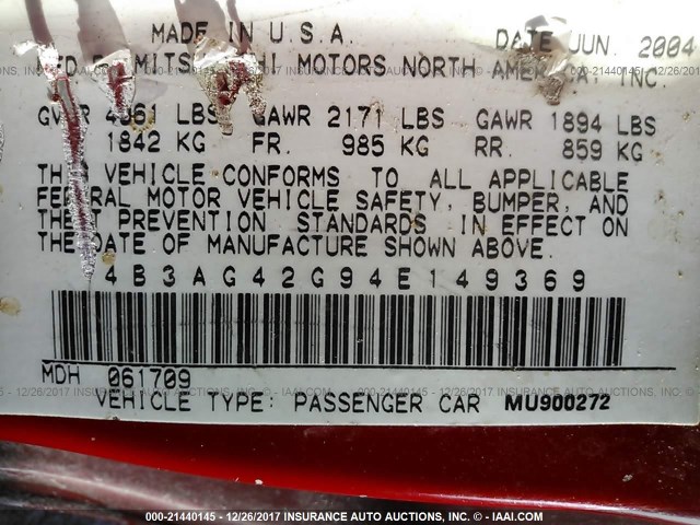 4B3AG42G94E149369 - 2004 DODGE STRATUS SXT RED photo 9