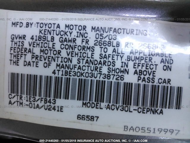 4T1BE30K03U738726 - 2003 TOYOTA CAMRY LE/XLE/SE Boz foto 9
