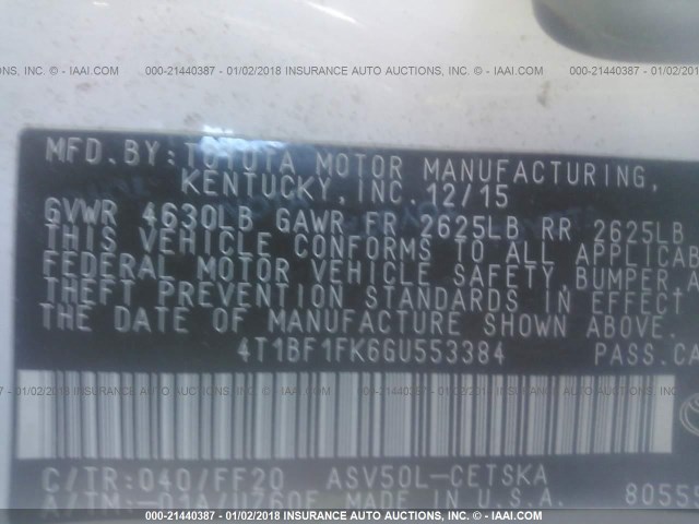 4T1BF1FK6GU553384 - 2016 TOYOTA CAMRY LE/XLE/SE/XSE Weiß Foto 9