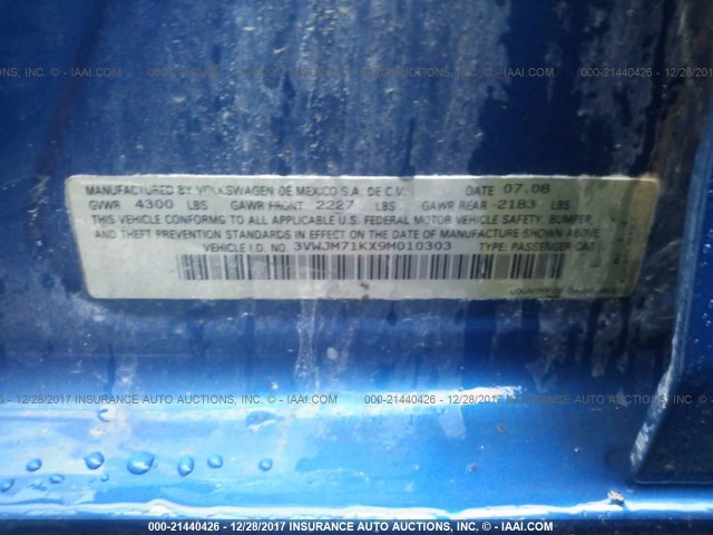 3VWJM71KX9M010303 - 2009 VOLKSWAGEN JETTA S 蓝色 照片 9