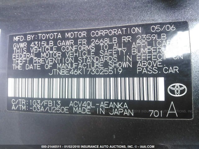 JTNBE46K173025519 - 2007 TOYOTA CAMRY NEW GENERAT CE/LE/XLE/SE GRAY photo 9
