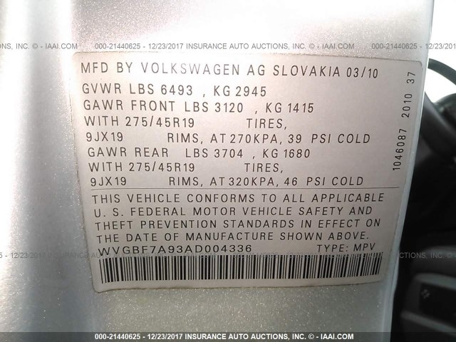 WVGBF7A93AD004336 - 2010 VOLKSWAGEN TOUAREG V6 SILVER photo 9