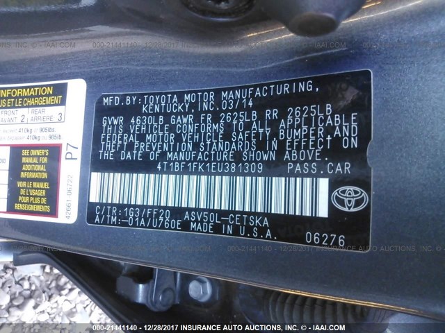 4T1BF1FK1EU381309 - 2014 TOYOTA CAMRY L/SE/LE/XLE 灰色 照片 9