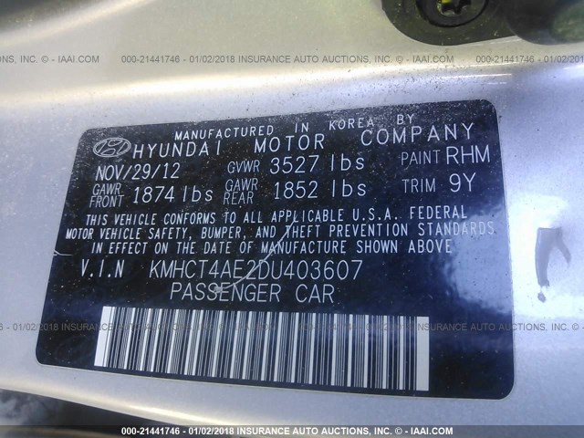 KMHCT4AE2DU403607 - 2013 HYUNDAI ACCENT GLS/GS SILVER photo 9