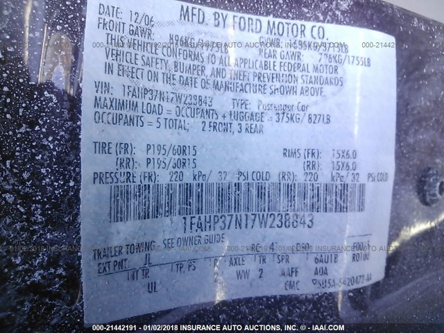 1FAHP37N17W238843 - 2007 FORD FOCUS ZX5/S/SE/SES 勃艮第红 照片 9