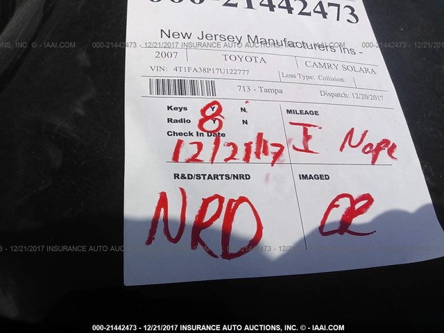 4T1FA38P17U122777 - 2007 TOYOTA CAMRY SOLARA SE/SLE Qara foto 7