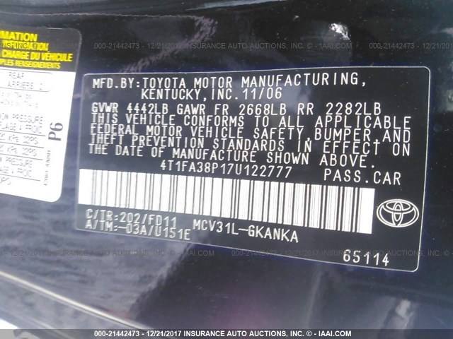 4T1FA38P17U122777 - 2007 TOYOTA CAMRY SOLARA SE/SLE Qara foto 9