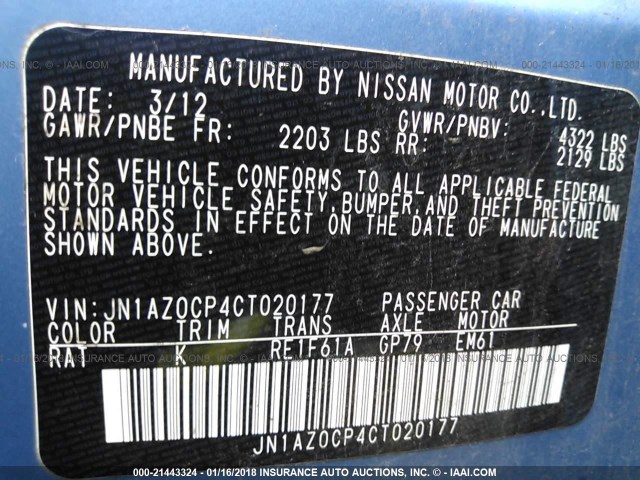 JN1AZ0CP4CT020177 - 2012 NISSAN LEAF SV/SL BLUE photo 9