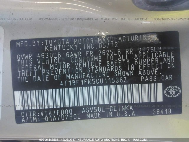 4T1BF1FK5CU115367 - 2012 TOYOTA CAMRY SE/LE/XLE GOLD photo 9