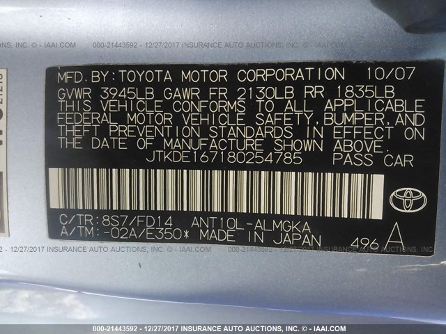 JTKDE167180254785 - 2008 TOYOTA SCION TC 蓝色 照片 9