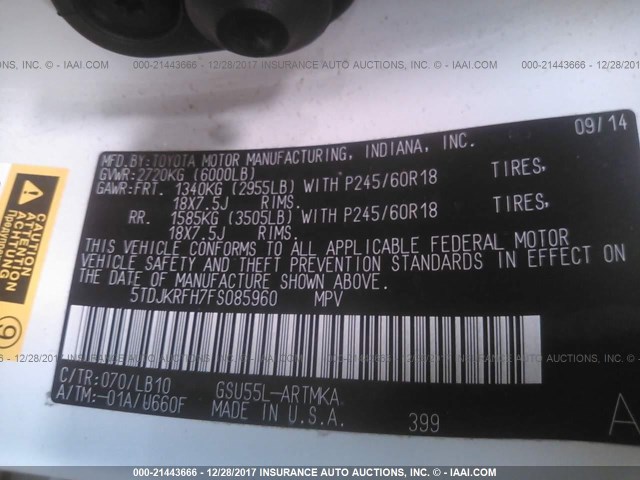 5TDJKRFH7FS085960 - 2015 TOYOTA HIGHLANDER XLE 白色 照片 9