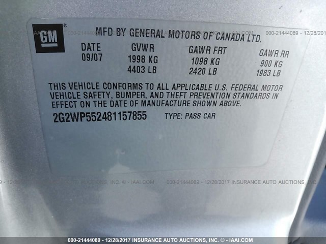 2G2WP552481157855 - 2008 PONTIAC GRAND PRIX SILVER photo 9