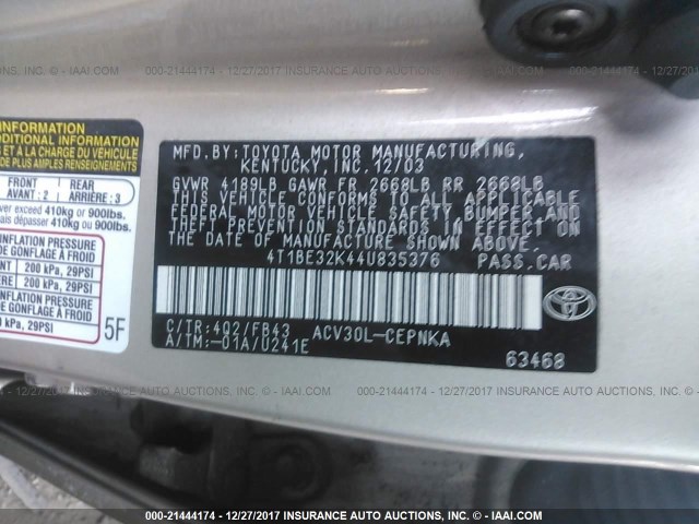 4T1BE32K44U835376 - 2004 TOYOTA CAMRY LE/XLE/SE Алтын фото 9