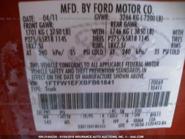 1FTFW1EFXBFB61841 - 2011 FORD F150 SUPERCREW RED photo 9