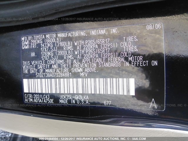 5TDZT38A07S284881 - 2007 TOYOTA SEQUOIA LIMITED BLACK photo 9