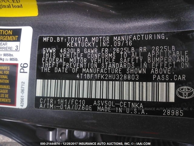 4T1BF1FK2HU328803 - 2017 TOYOTA CAMRY LE/XLE/SE/XSE GRAY photo 9