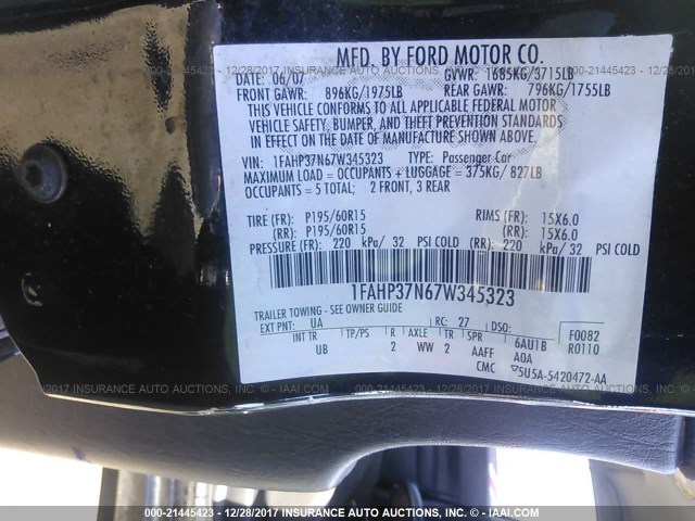 1FAHP37N67W345323 - 2007 FORD FOCUS ZX5/S/SE/SES 黑色 照片 9