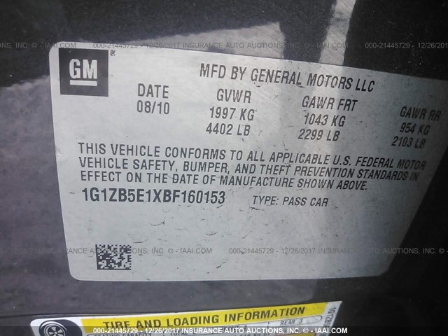 1G1ZB5E1XBF160153 - 2011 CHEVROLET MALIBU LS 灰色 照片 9