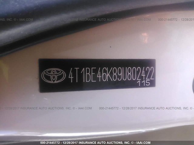 4T1BE46K89U802422 - 2009 TOYOTA CAMRY SE/LE/XLE თეთრი ფოტო 9