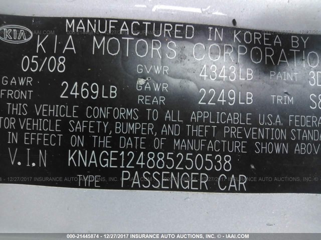 KNAGE124885250538 - 2008 KIA OPTIMA LX/EX SILVER photo 9