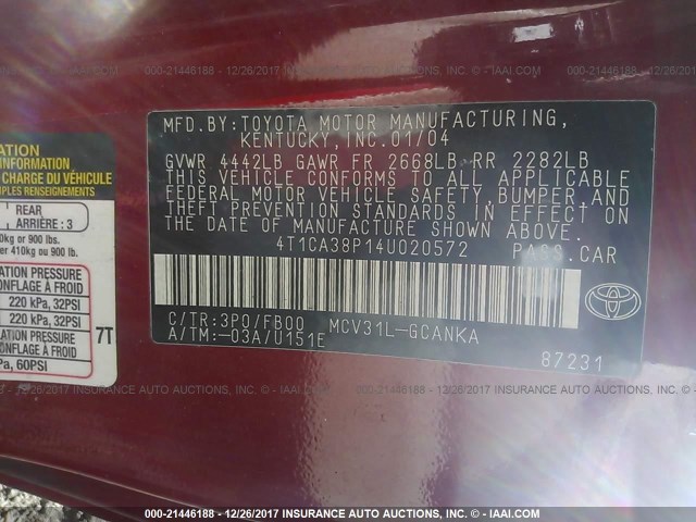 4T1CA38P14U020572 - 2004 TOYOTA CAMRY SOLARA SE/SLE RED photo 9