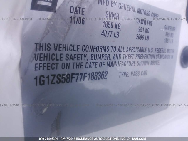 1G1ZS58F77F188362 - 2007 CHEVROLET MALIBU LS WHITE photo 9