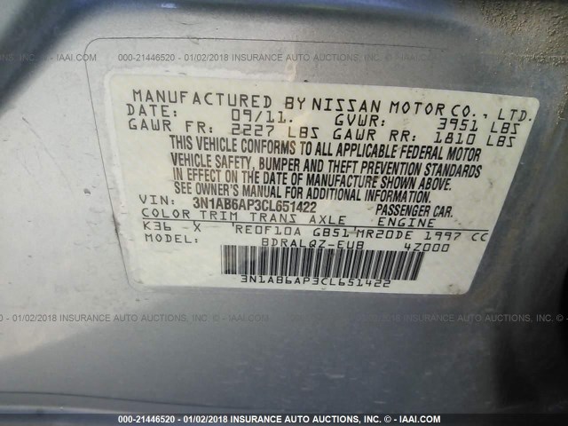 3N1AB6AP3CL651422 - 2012 NISSAN SENTRA 2.0/2.0S/SR/2.0SL GRAY photo 9