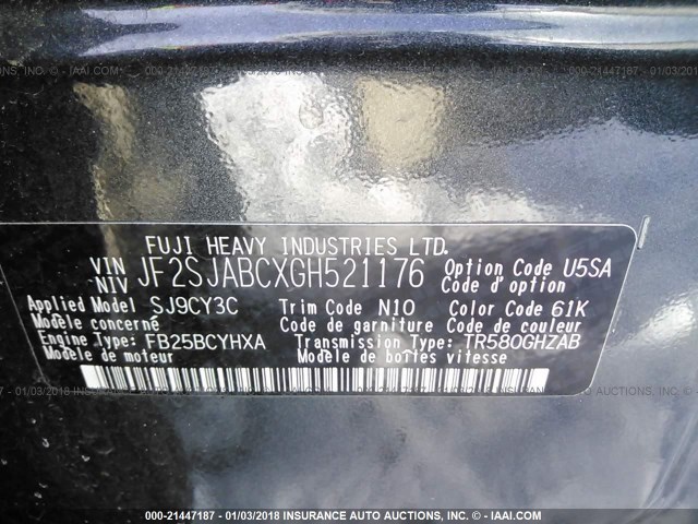 JF2SJABCXGH521176 - 2016 SUBARU FORESTER 2.5I GRAY photo 9