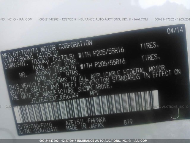 JTLZE4FEXEJ056049 - 2014 TOYOTA SCION XB WHITE photo 9