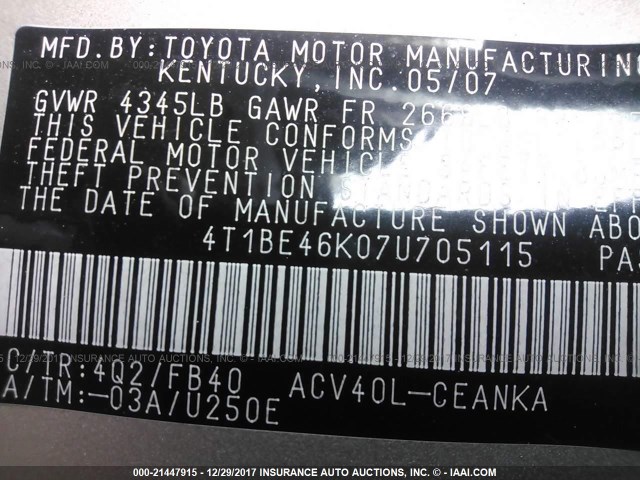 4T1BE46K07U705115 - 2007 TOYOTA CAMRY NEW GENERAT CE/LE/XLE/SE GOLD photo 9