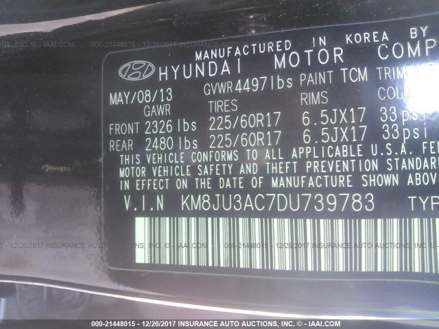 KM8JU3AC7DU739783 - 2013 HYUNDAI TUCSON GLS/LIMITED BLACK photo 9