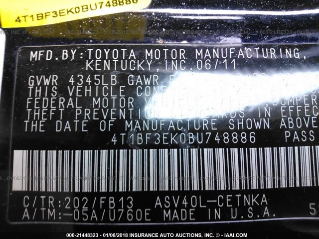 4T1BF3EK0BU748886 - 2011 TOYOTA CAMRY SE/LE/XLE BLACK photo 9