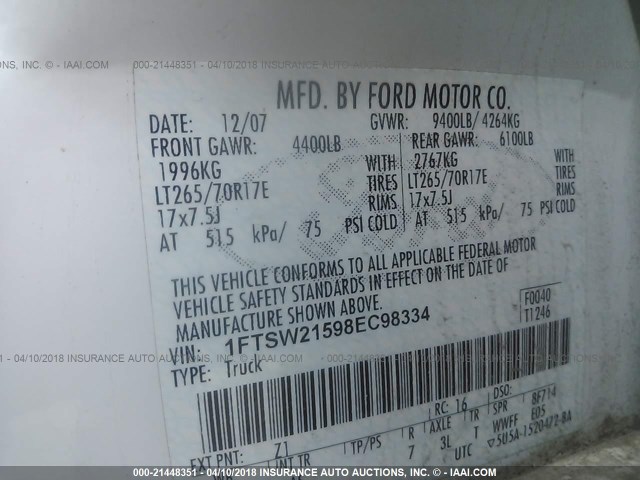 1FTSW21598EC98334 - 2008 FORD F250 SUPER DUTY WHITE photo 9