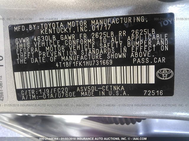 4T1BF1FK1HU731669 - 2017 TOYOTA CAMRY LE/XLE/SE/XSE SILVER photo 9