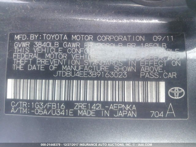 JTDBU4EE3B9163023 - 2011 TOYOTA COROLLA S/LE GRAY photo 9