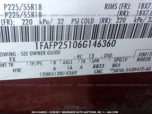 1FAFP25106G146360 - 2006 FORD FIVE HUNDRED LIMITED MAROON photo 9