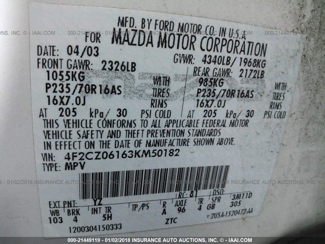 4F2CZ06163KM50182 - 2003 MAZDA TRIBUTE ES 白色 照片 9