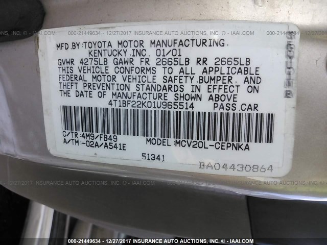 4T1BF22K01U965514 - 2001 TOYOTA CAMRY LE/XLE Gold Foto 9