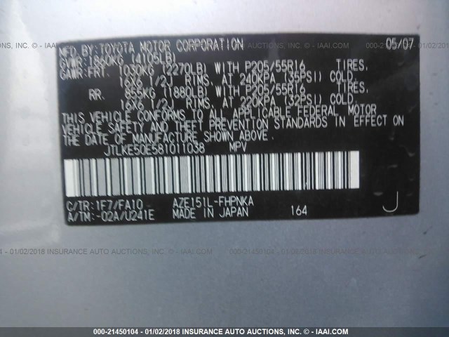 JTLKE50E581011038 - 2008 TOYOTA SCION XB SILVER photo 9