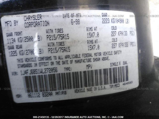 1J4FJ68S1WL272056 - 1998 JEEP CHEROKEE SPORT/CLASSIC შავი ფოტო 9