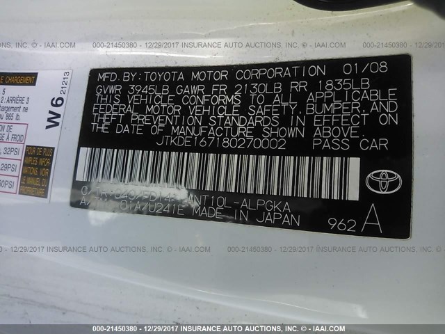 JTKDE167180270002 - 2008 TOYOTA SCION TC 白色 照片 9