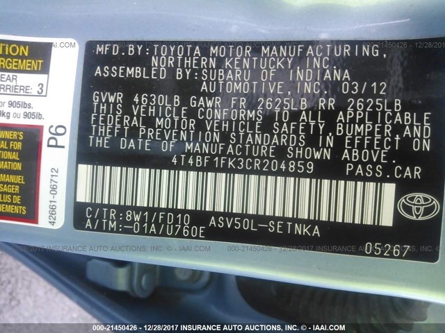 4T4BF1FK3CR204859 - 2012 TOYOTA CAMRY SE/LE/XLE 蓝色 照片 9