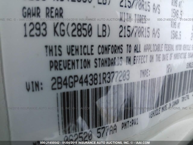 2B4GP44381R377203 - 2001 DODGE GRAND CARAVAN SPORT WHITE photo 9