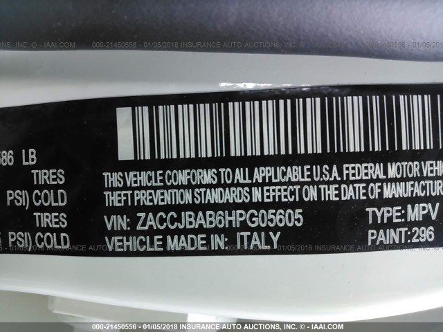 ZACCJBAB6HPG05605 - 2017 JEEP RENEGADE SPORT Սպիտակ լուսանկար 9