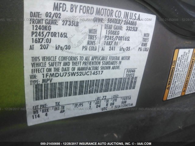 1FMDU75W52UC14517 - 2002 FORD EXPLORER LIMITED 锡色 照片 9