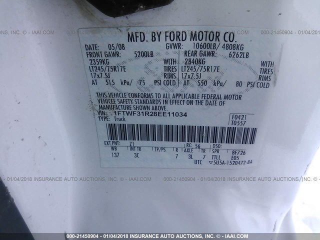 1FTWF31R28EE11034 - 2008 FORD F350 WHITE photo 9