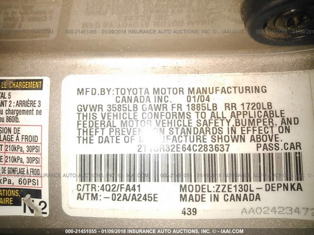 2T1BR32E64C283637 - 2004 TOYOTA COROLLA CE/LE/S GOLD photo 9