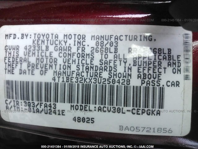 4T1BE32KX3U250428 - 2003 TOYOTA CAMRY LE/XLE/SE RED photo 9