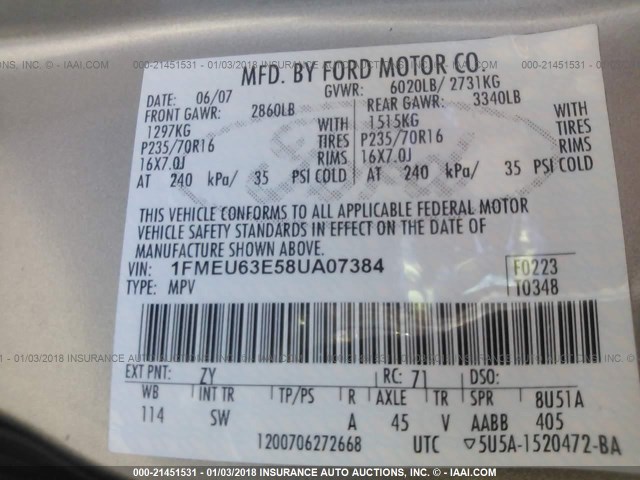 1FMEU63E58UA07384 - 2008 FORD EXPLORER XLT TAN photo 9