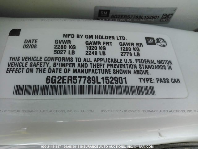 6G2ER57789L152901 - 2009 PONTIAC G8 WHITE photo 9